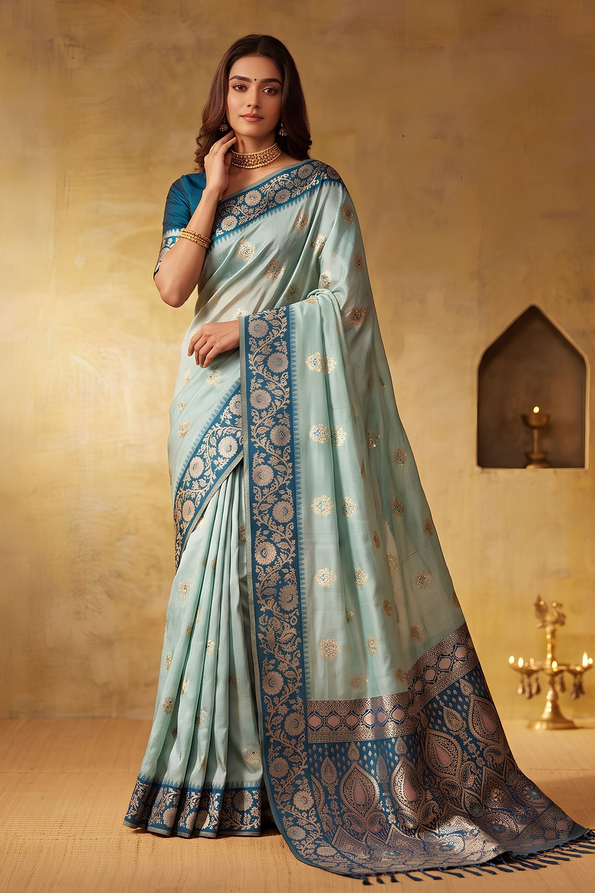 Royal Light Blue Silk Blend Woven Jari Designer Saree for Women