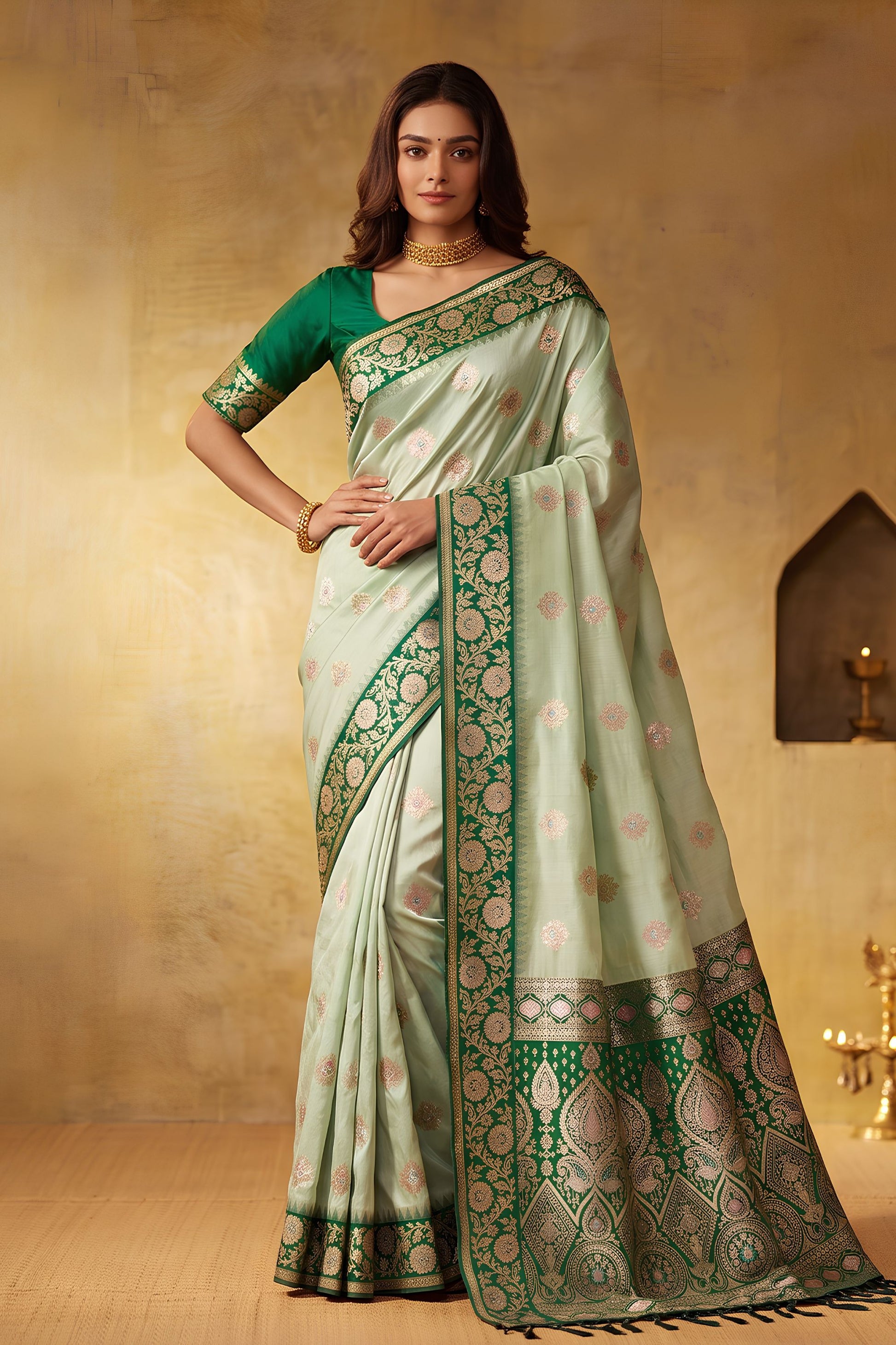 Graceful Light Green Silk Blend Woven Jari Designer Saree for Women