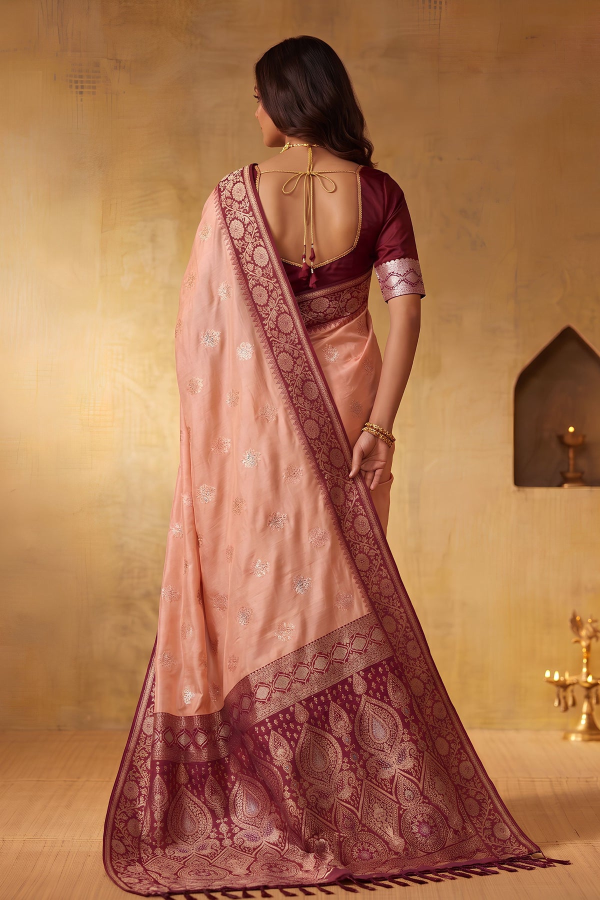 Beautiful Peach Silk Blend Woven Jari Designer Saree for Women