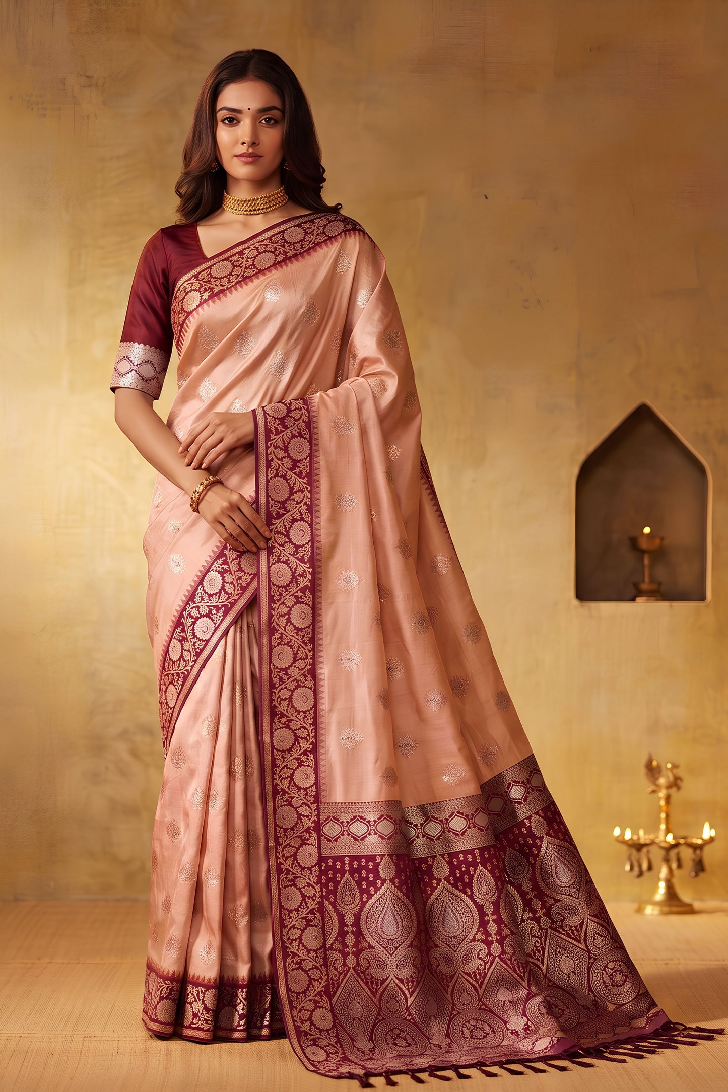 Beautiful Peach Silk Blend Woven Jari Designer Saree for Women