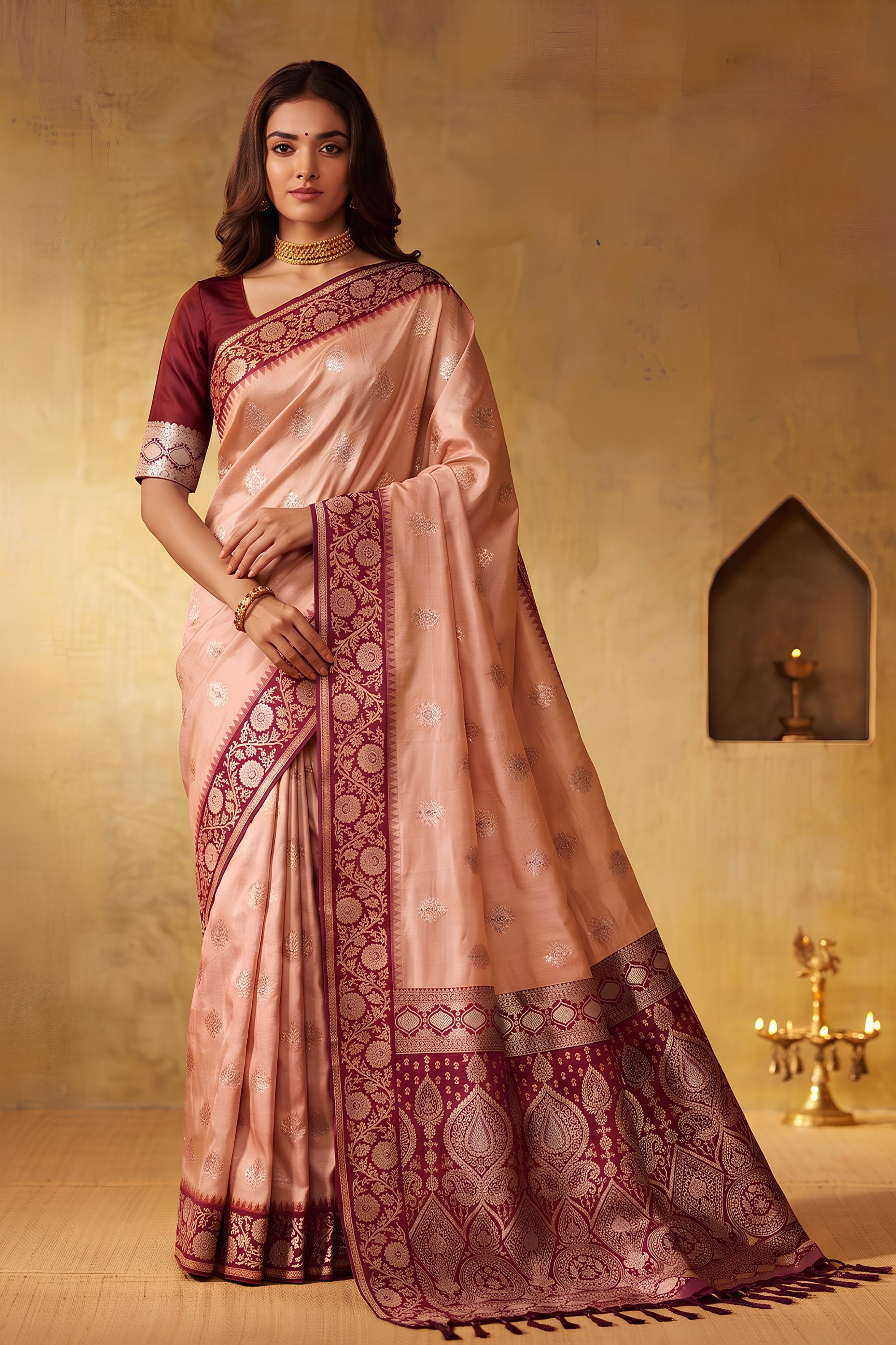 Beautiful Peach Silk Blend Woven Jari Designer Saree for Women