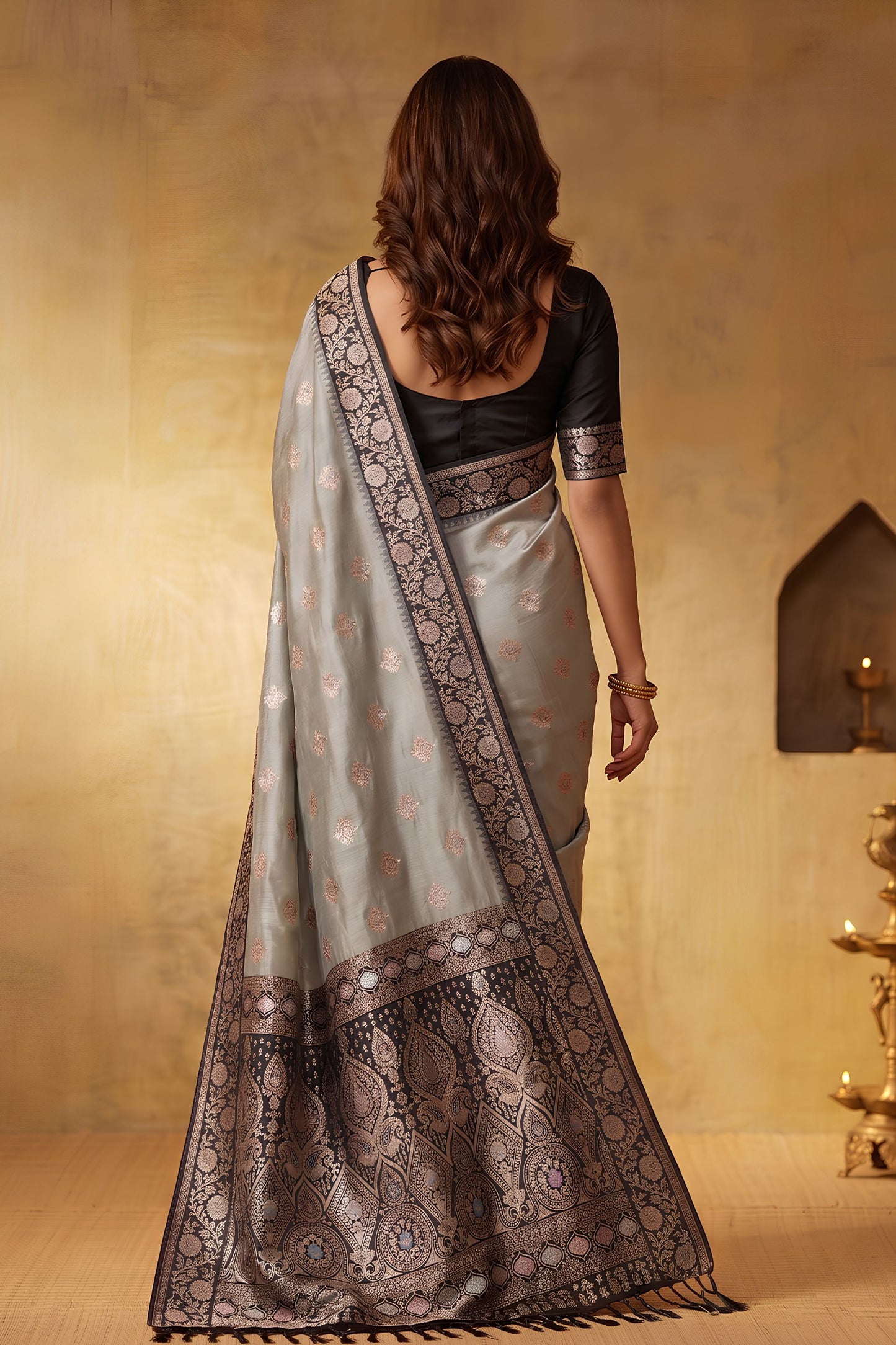 Stylish Grey Silk Blend Woven Jari Designer Saree for Women