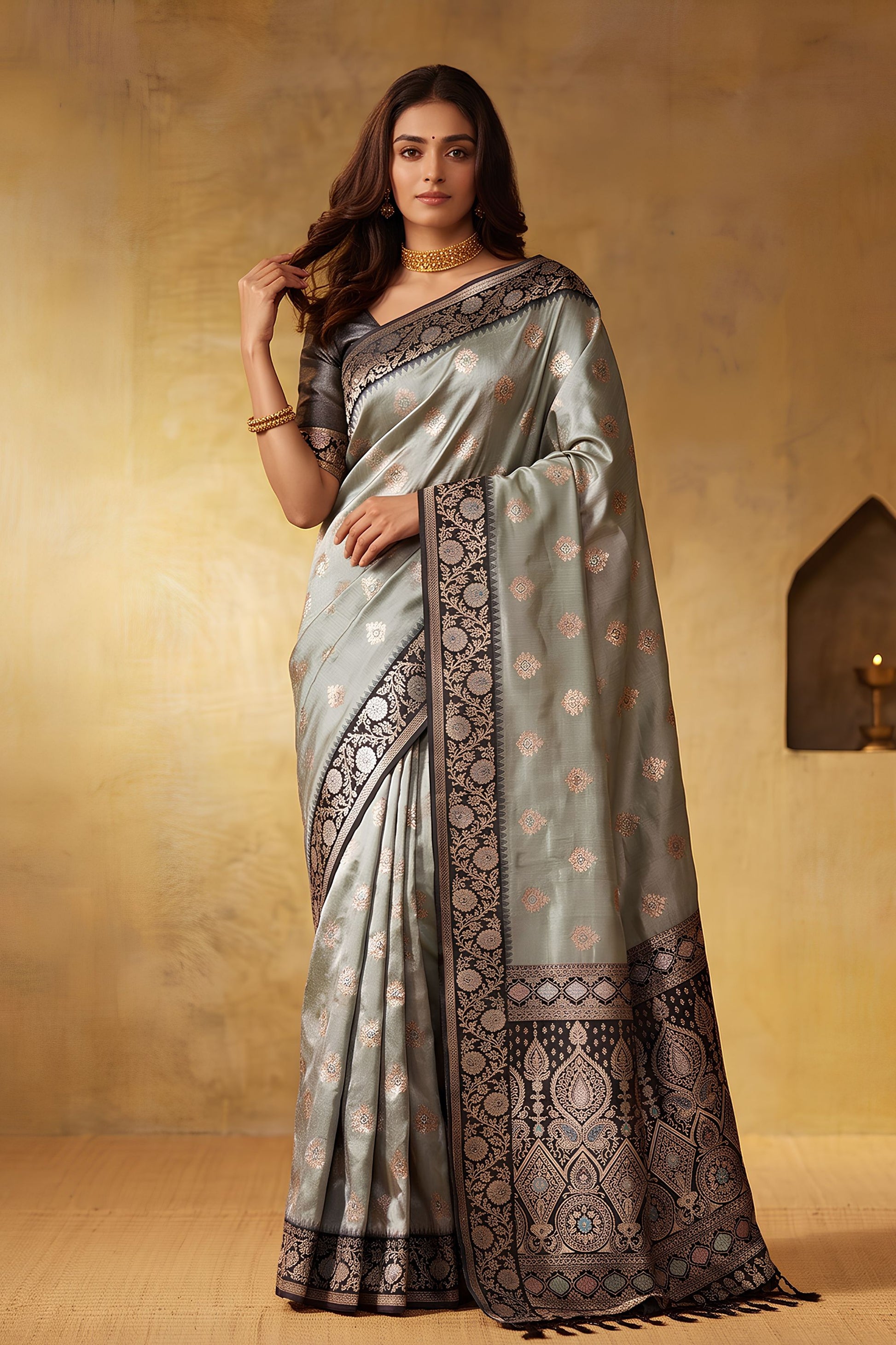 Stylish Grey Silk Blend Woven Jari Designer Saree for Women