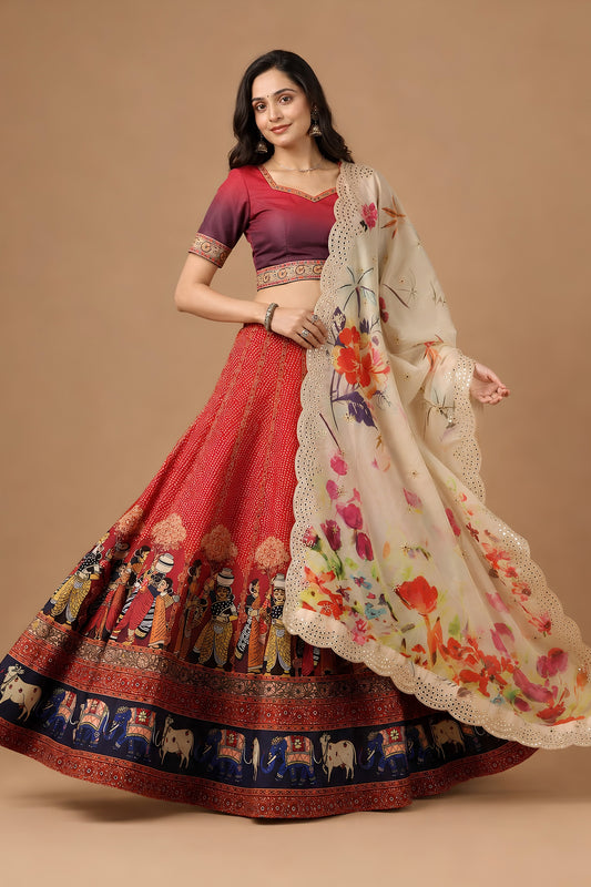 Stunning Red Satin Silk Digital Printed Designer Lehenga Choli with Floral Dupatta for Women