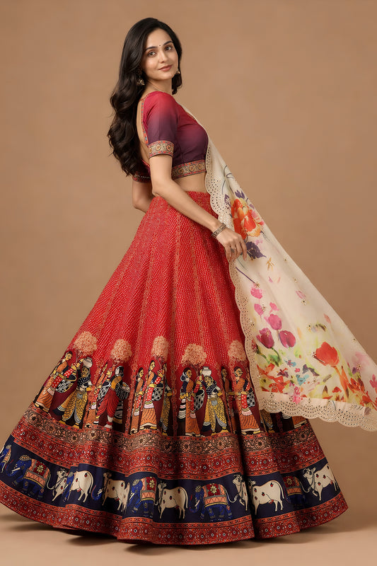 Stunning Red Satin Silk Digital Printed Designer Lehenga Choli with Floral Dupatta for Women