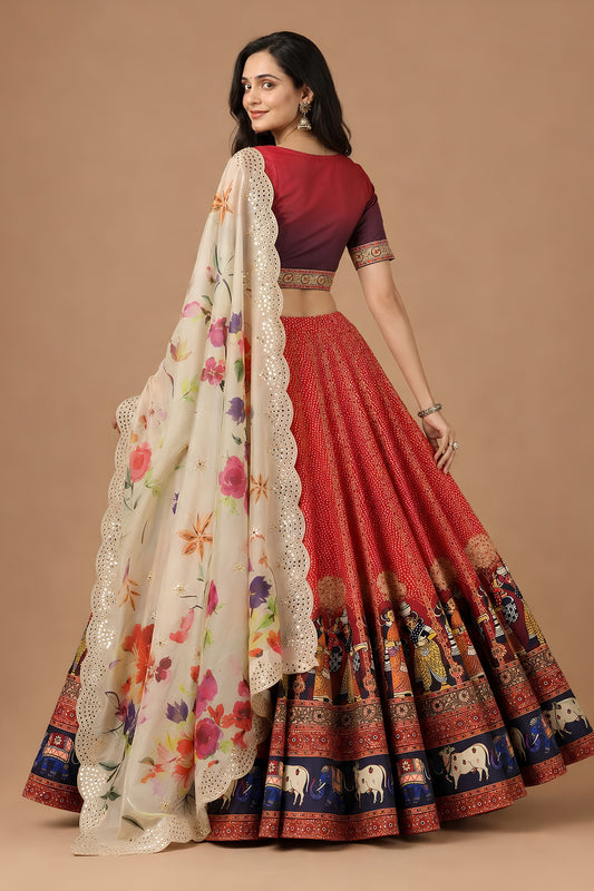 Stunning Red Satin Silk Digital Printed Designer Lehenga Choli with Floral Dupatta for Women