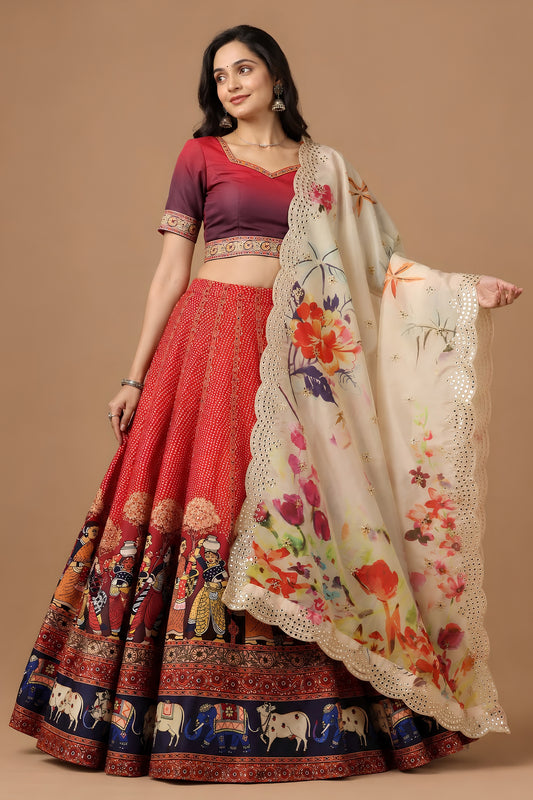 Stunning Red Satin Silk Digital Printed Designer Lehenga Choli with Floral Dupatta for Women