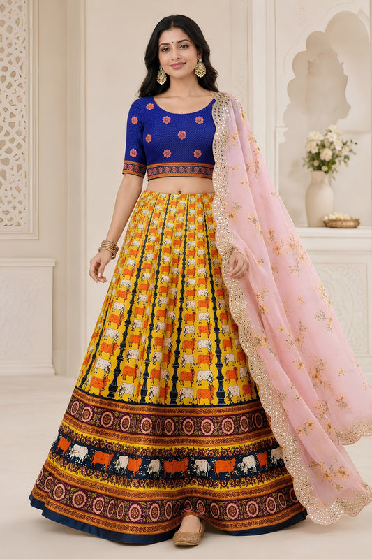 Stylish Yellow Multicolor Digital Printed Designer Lehenga Choli with Floral Dupatta for Women