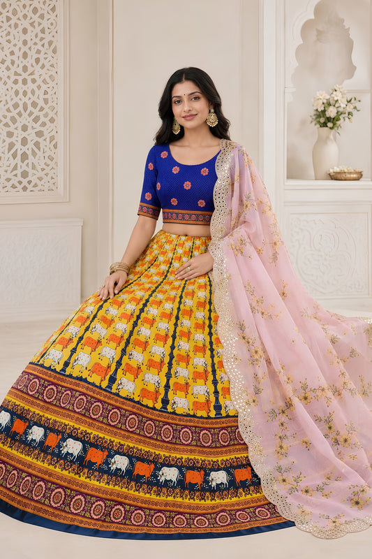 Stylish Yellow Multicolor Digital Printed Designer Lehenga Choli with Floral Dupatta for Women