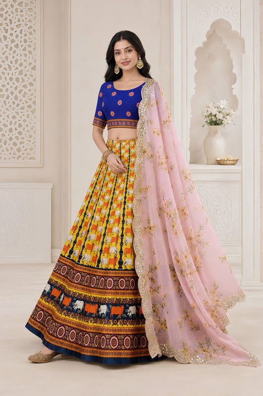 Stylish Yellow Multicolor Digital Printed Designer Lehenga Choli with Floral Dupatta for Women