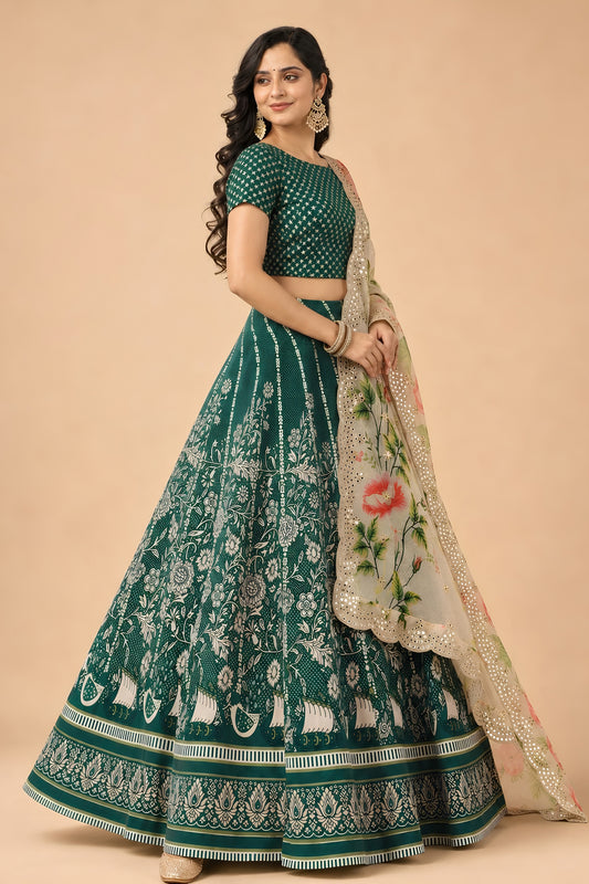 Elegant Green Satin Silk Digital Printed Designer Lehenga Choli with Floral Dupatta for Women