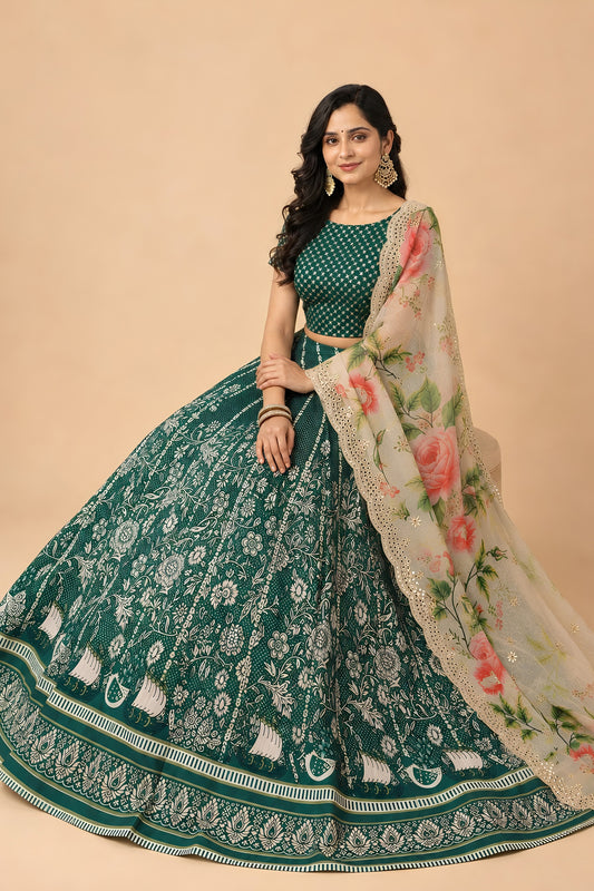 Elegant Green Satin Silk Digital Printed Designer Lehenga Choli with Floral Dupatta for Women