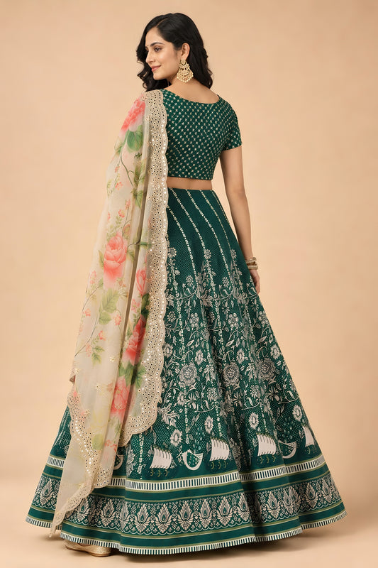 Elegant Green Satin Silk Digital Printed Designer Lehenga Choli with Floral Dupatta for Women