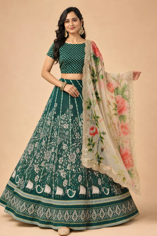 Elegant Green Satin Silk Digital Printed Designer Lehenga Choli with Floral Dupatta for Women