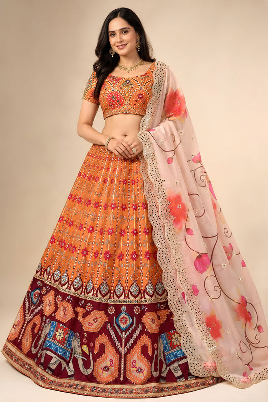 Gorgeous Orange Satin Silk Digital Printed Designer Lehenga Choli with Floral Dupatta for Women