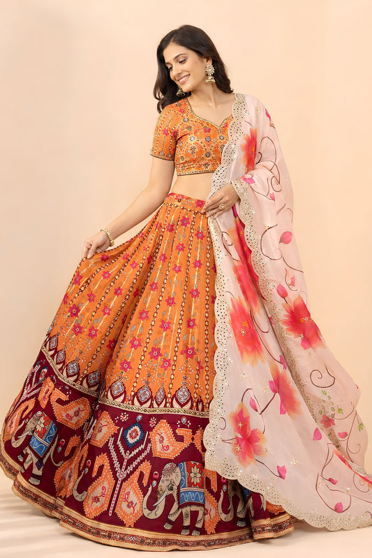 Gorgeous Orange Satin Silk Digital Printed Designer Lehenga Choli with Floral Dupatta for Women