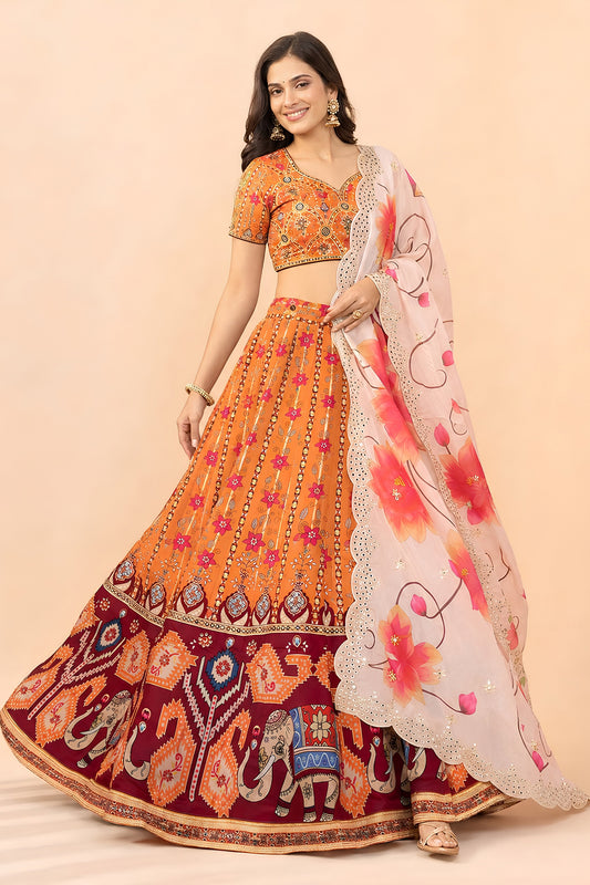 Gorgeous Orange Satin Silk Digital Printed Designer Lehenga Choli with Floral Dupatta for Women