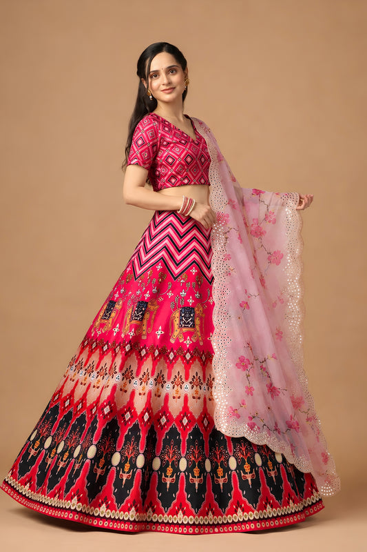 Beautiful Pink Satin Silk Digital Printed Designer Lehenga Choli with Floral Dupatta for Women