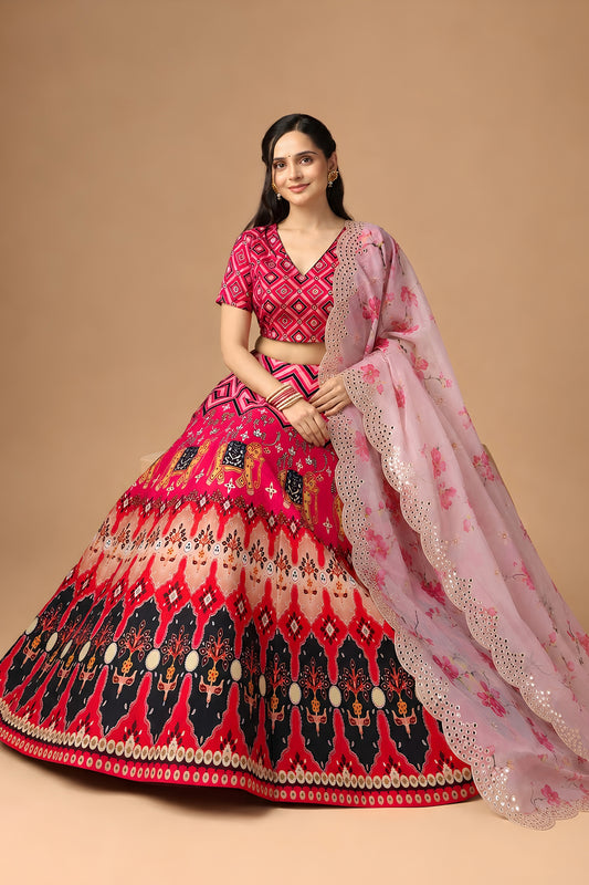 Beautiful Pink Satin Silk Digital Printed Designer Lehenga Choli with Floral Dupatta for Women