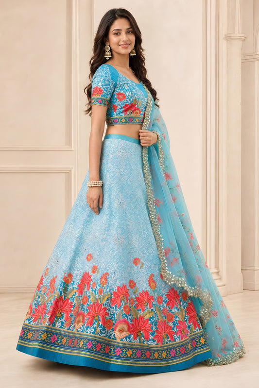 Admirable Sky Blue Satin Silk Digital Printed Designer Lehenga Choli with Floral Dupatta for Women