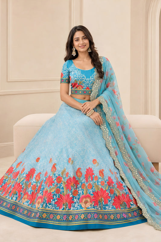 Admirable Sky Blue Satin Silk Digital Printed Designer Lehenga Choli with Floral Dupatta for Women