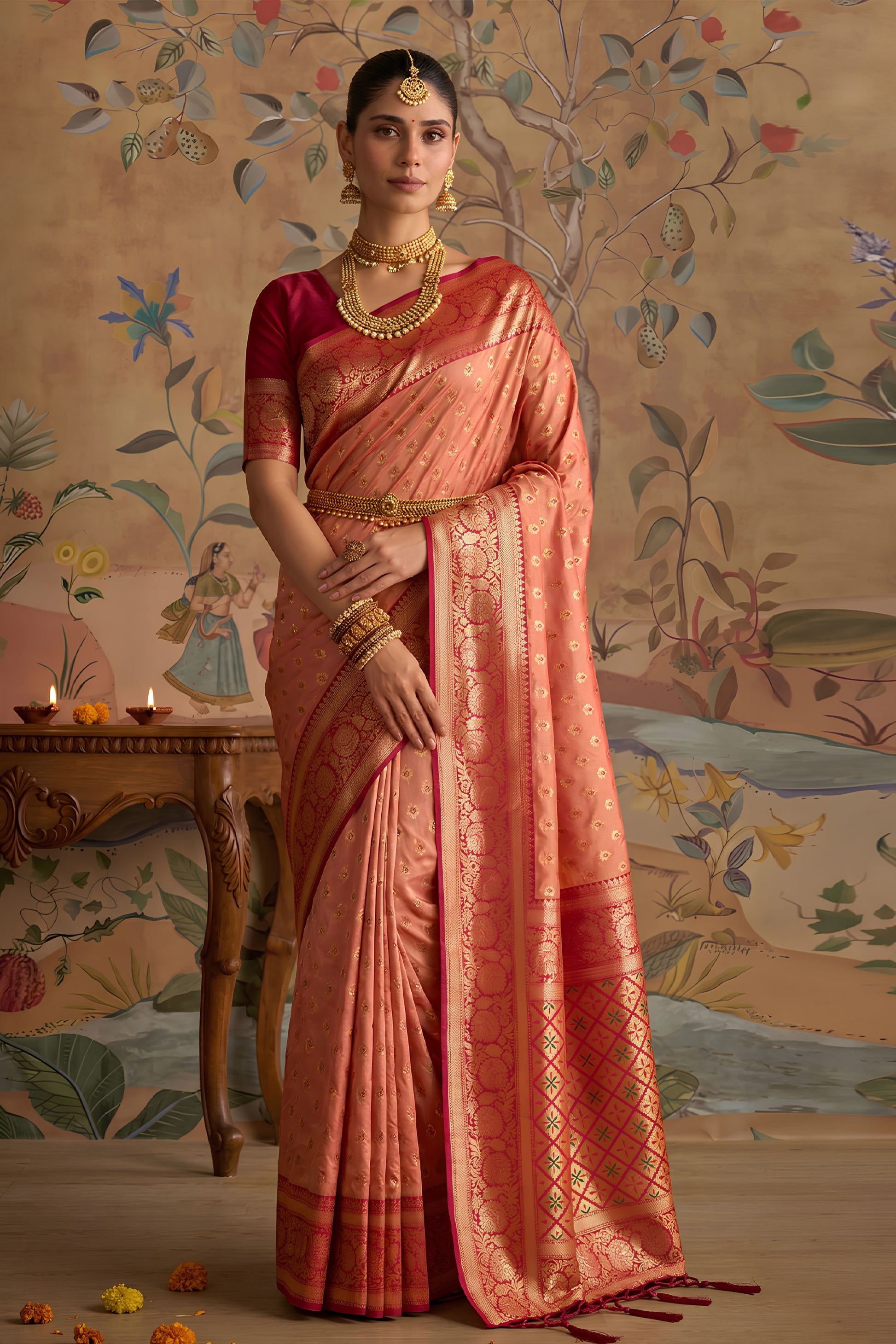 Beautiful Peach Pink Silk Woven Jari Designer Saree for Women