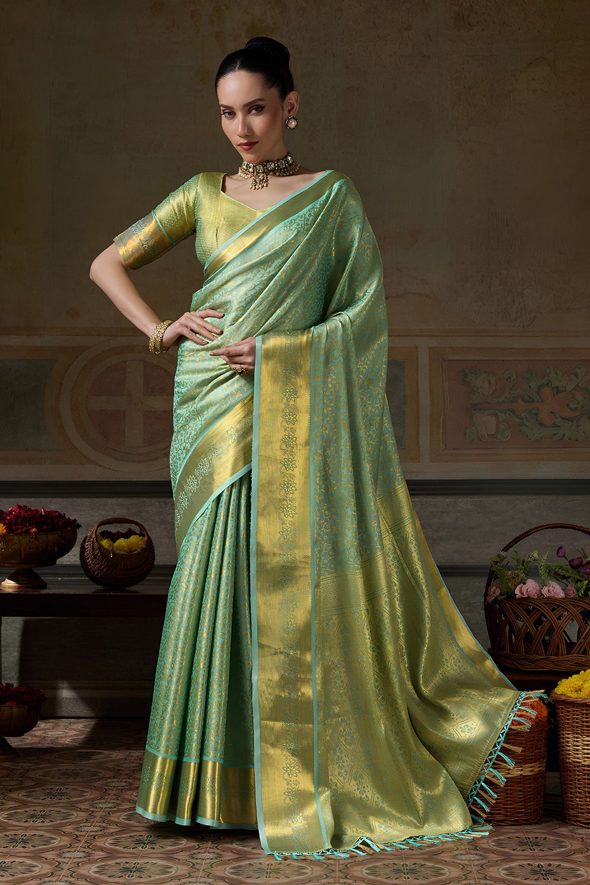 Graceful Sea Green Kanchivaram Silk Woven Jari Designer Saree for Women