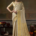 Stylish Cream Kanchivaram Silk Woven Jari Designer Saree for Women