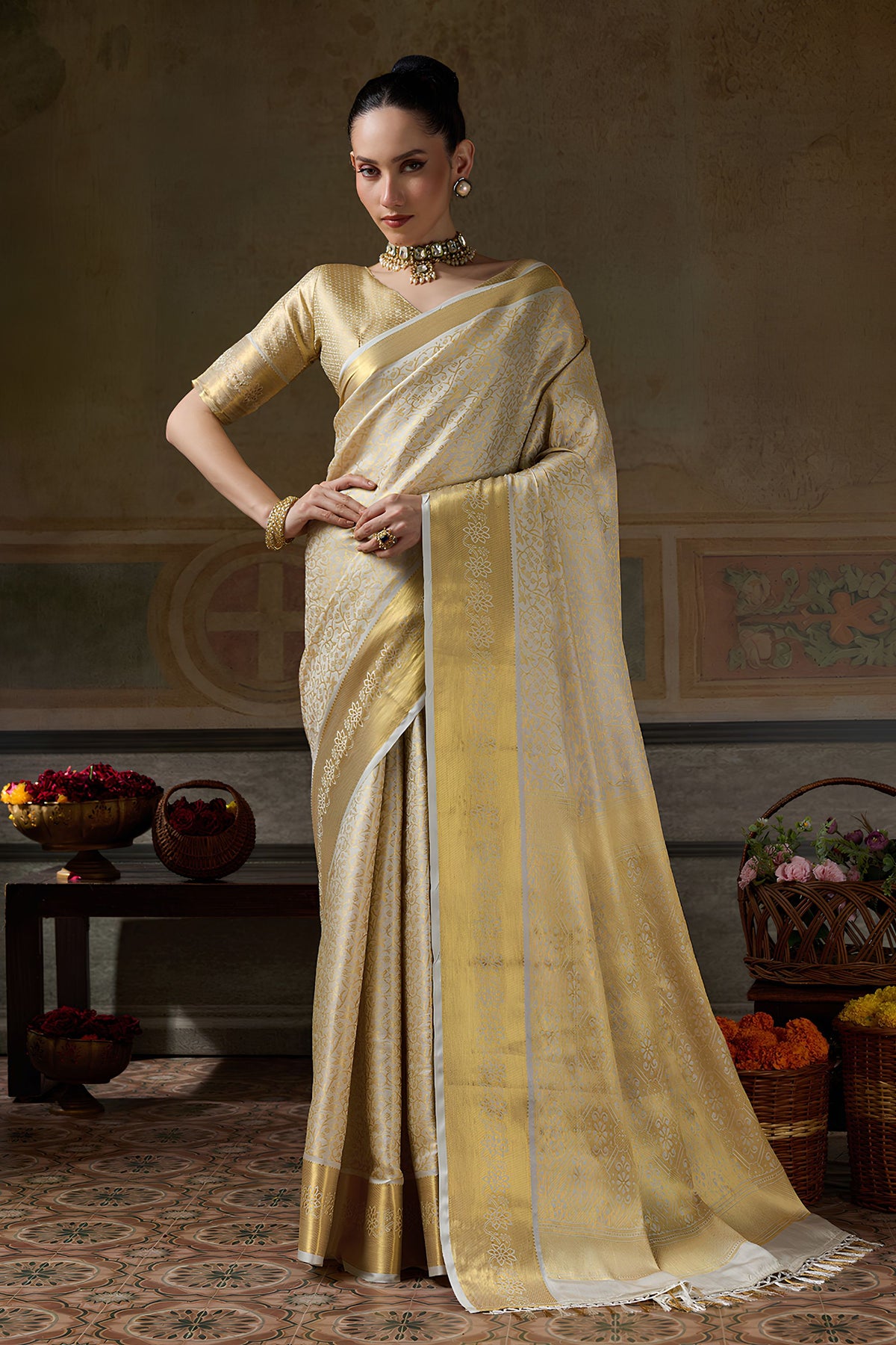 Stylish Cream Kanchivaram Silk Woven Jari Designer Saree for Women