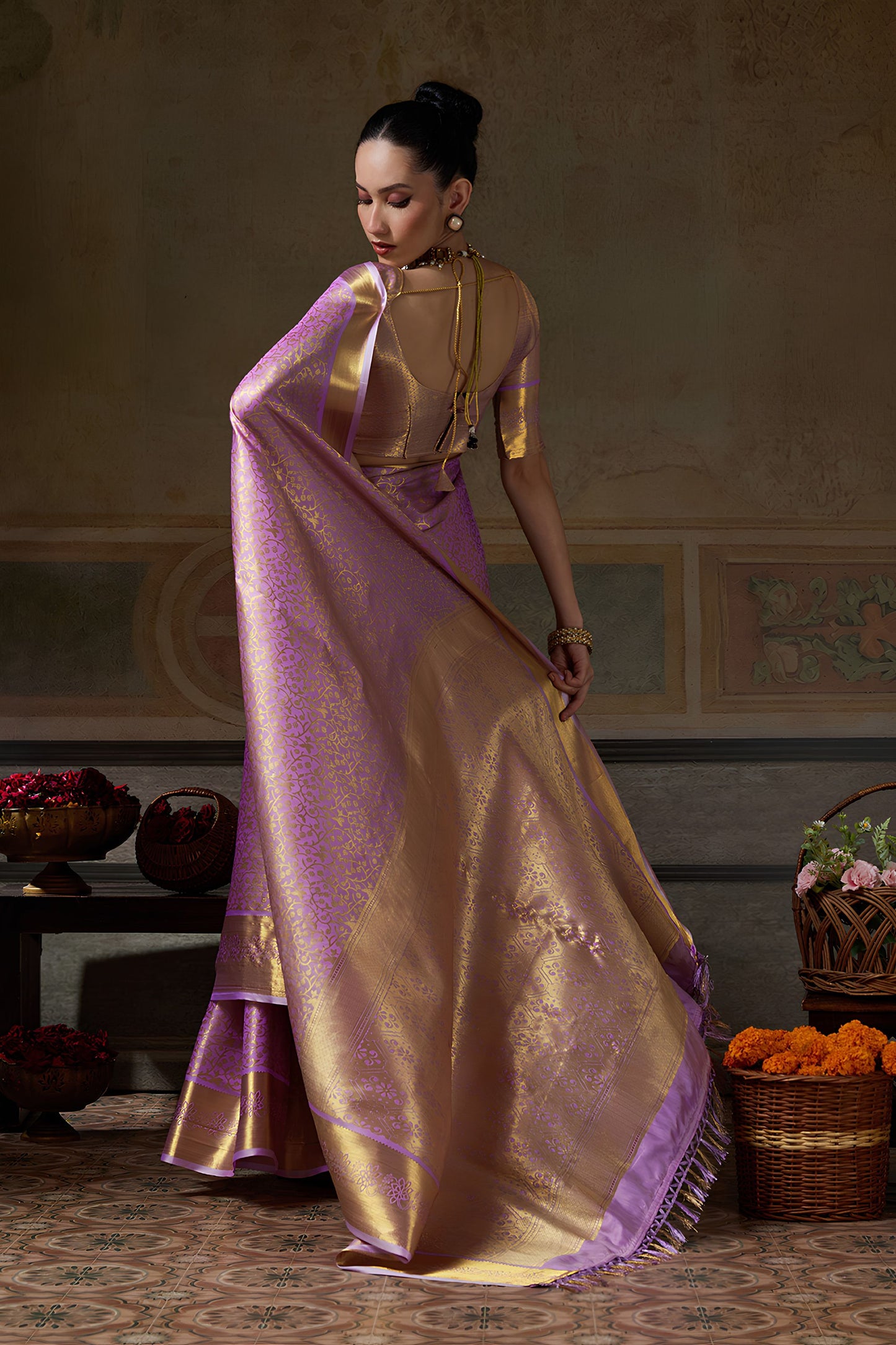 Premium Lavender Kanchivaram Silk Woven Jari Designer Saree for Women