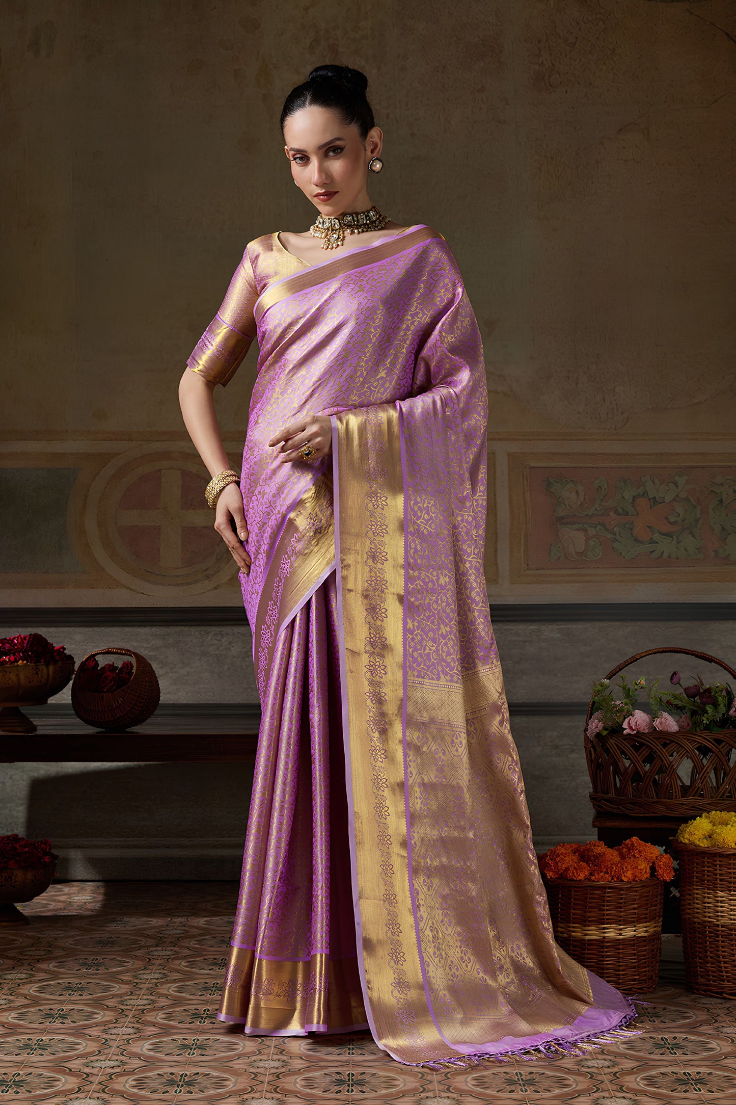 Premium Lavender Kanchivaram Silk Woven Jari Designer Saree for Women