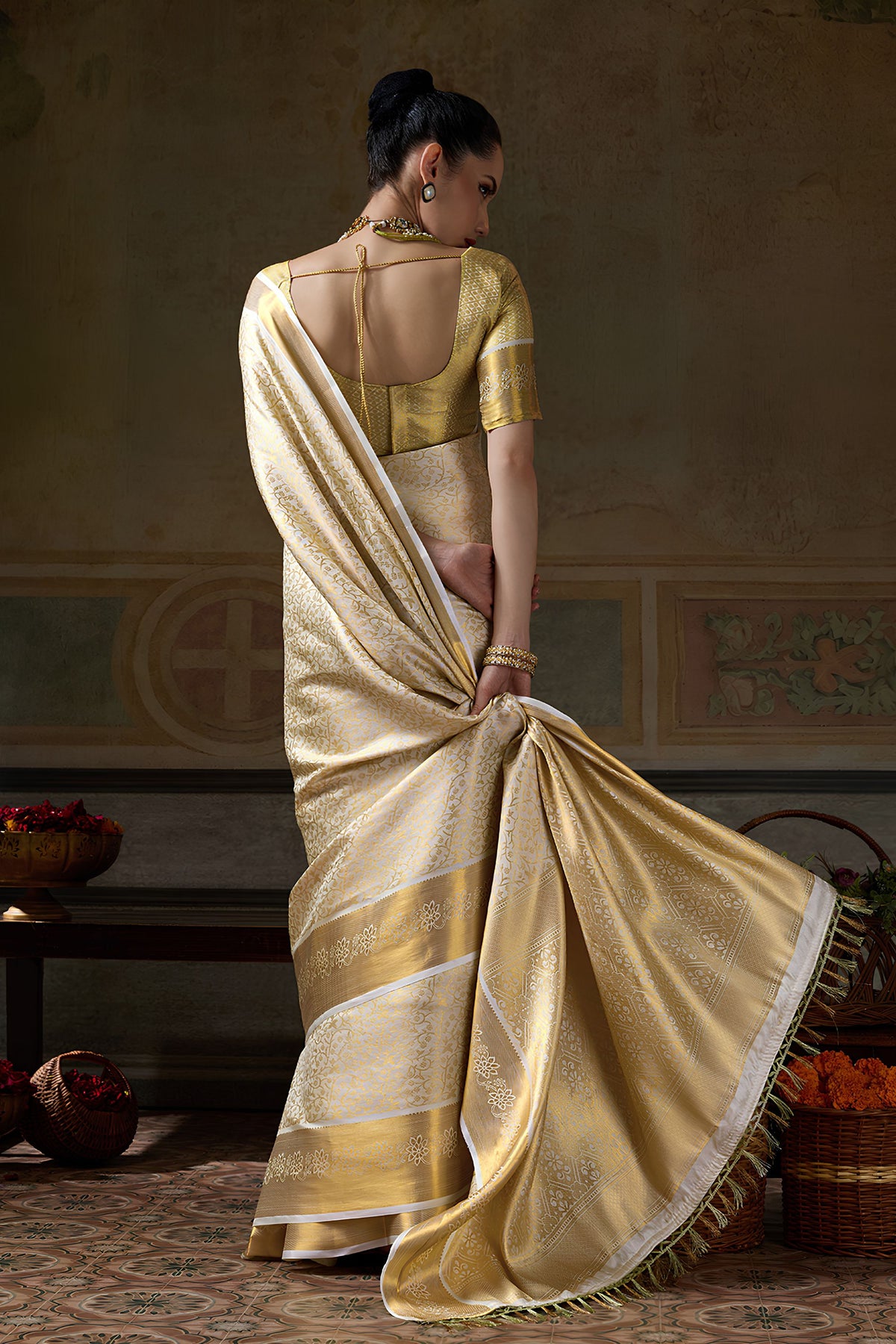 Vibrant Beige Kanchivaram Silk Woven Jari Designer Saree for Women