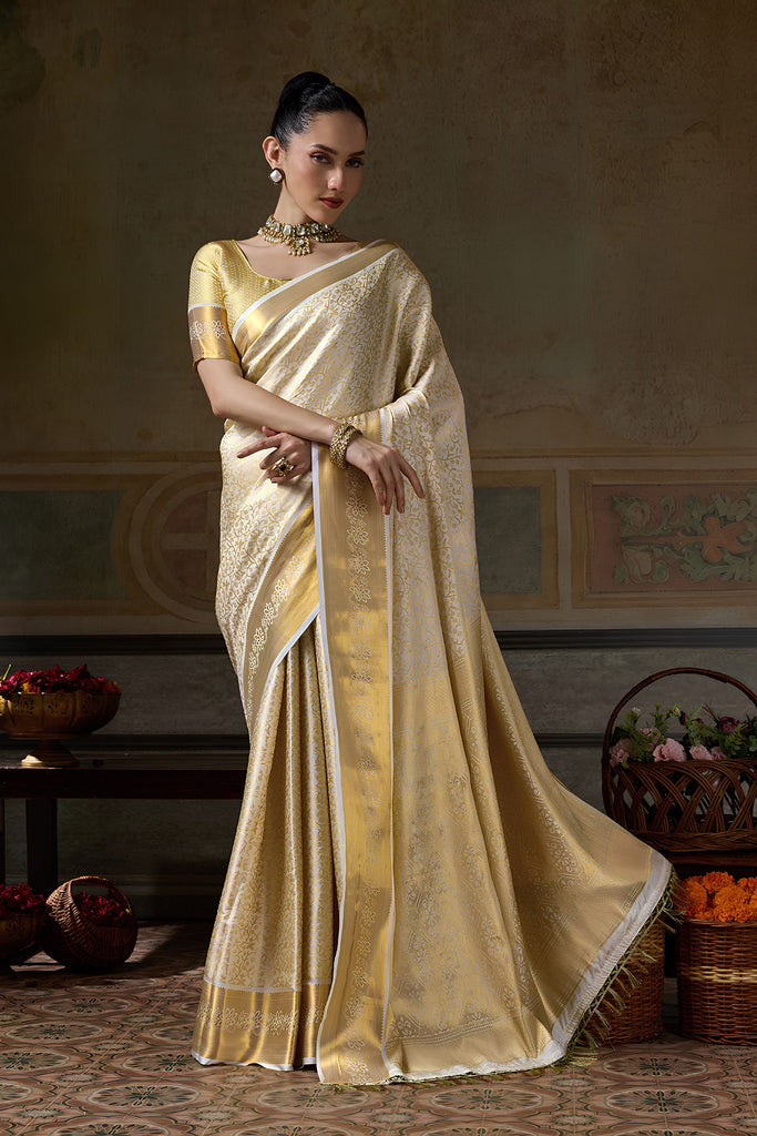 Vibrant Beige Kanchivaram Silk Woven Jari Designer Saree for Women