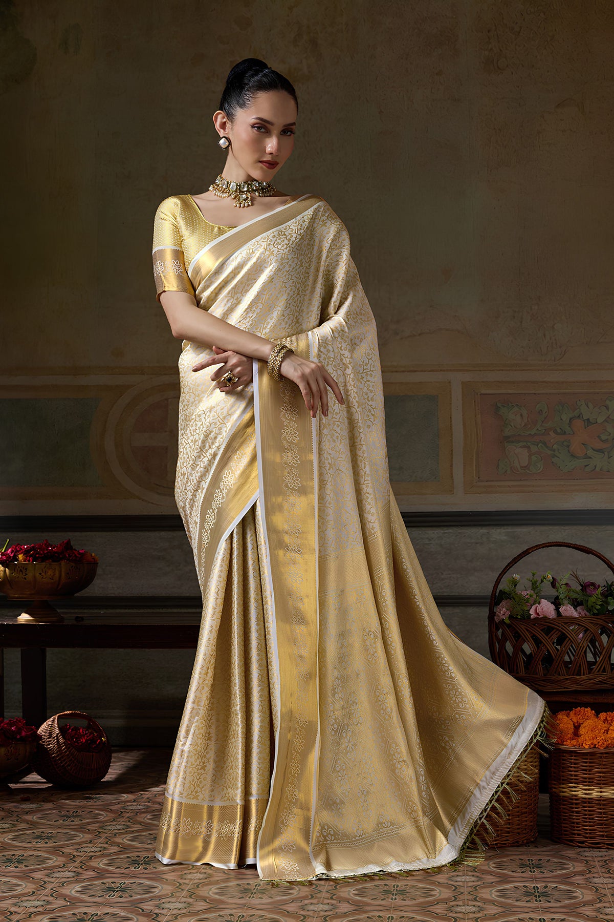 Vibrant Beige Kanchivaram Silk Woven Jari Designer Saree for Women