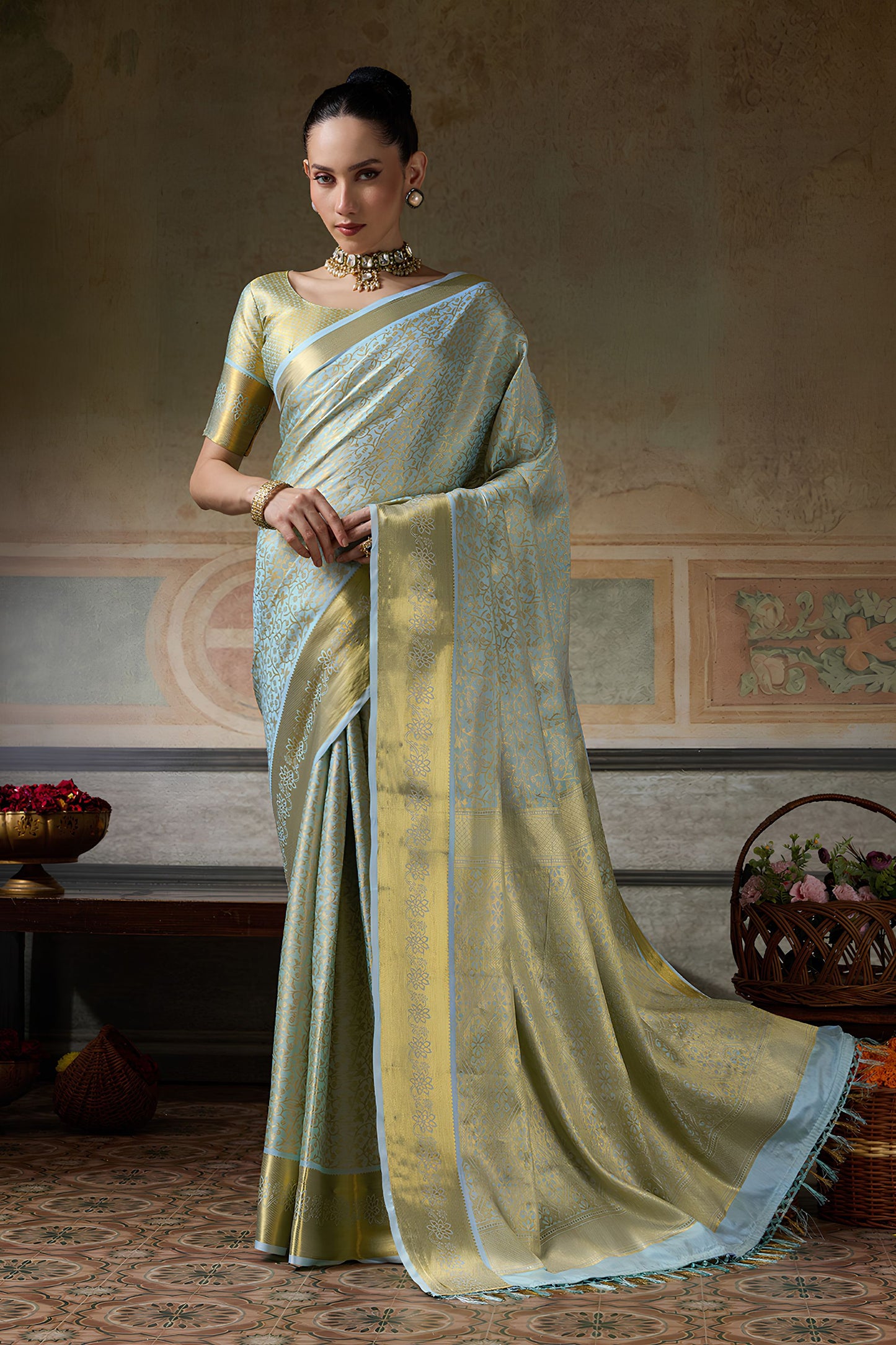 Royal Sky Blue Kanchivaram Silk Woven Jari Designer Saree for Women