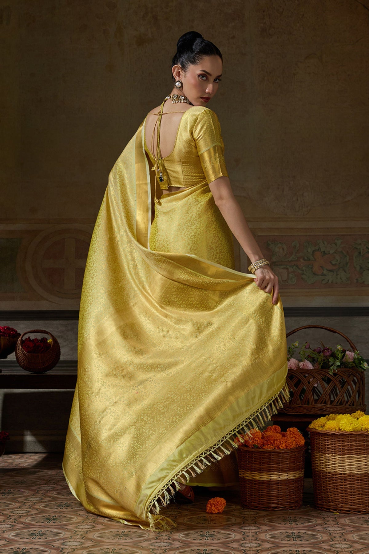 Stunning Mustard Yellow Kanchivaram Silk Woven Jari Designer Saree for Women