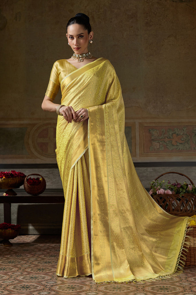 Stunning Mustard Yellow Kanchivaram Silk Woven Jari Designer Saree for Women
