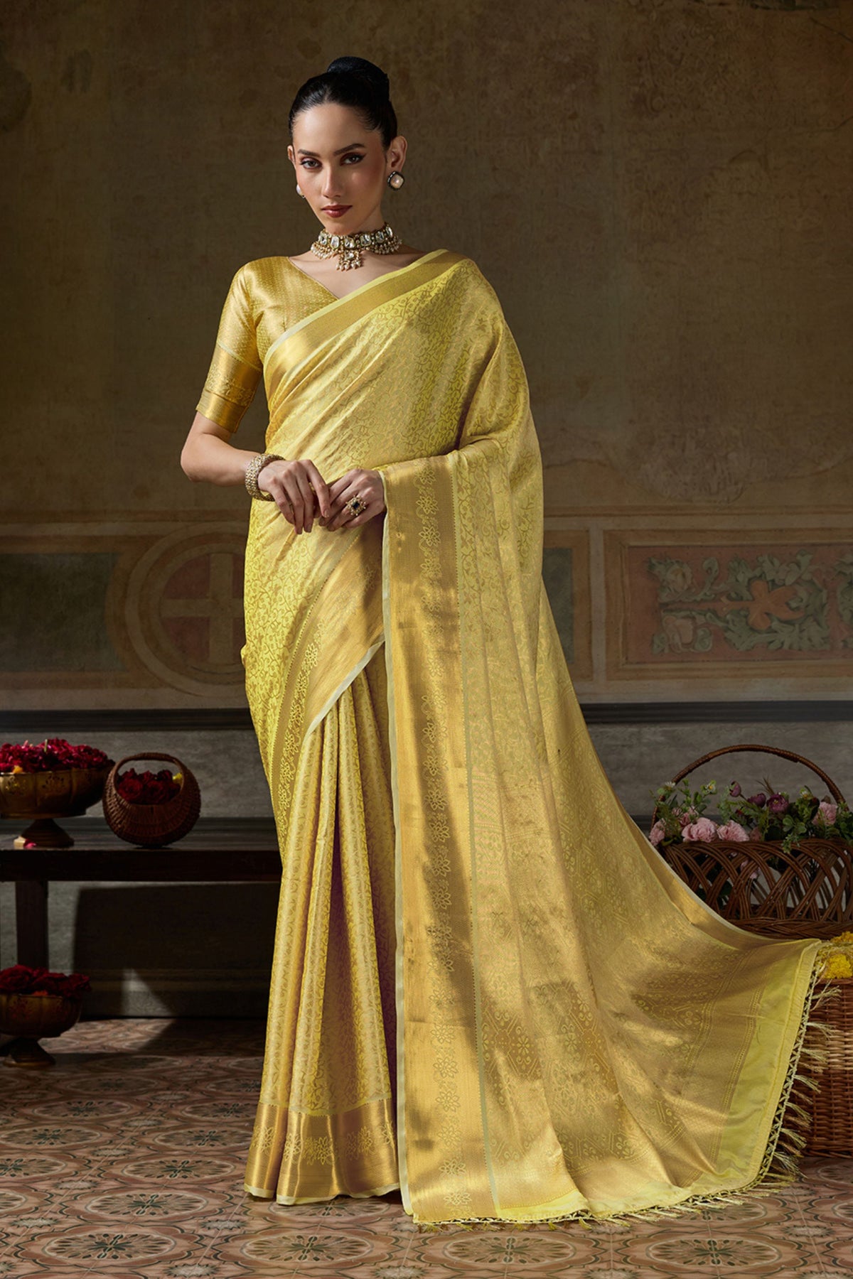 Stunning Mustard Yellow Kanchivaram Silk Woven Jari Designer Saree for Women