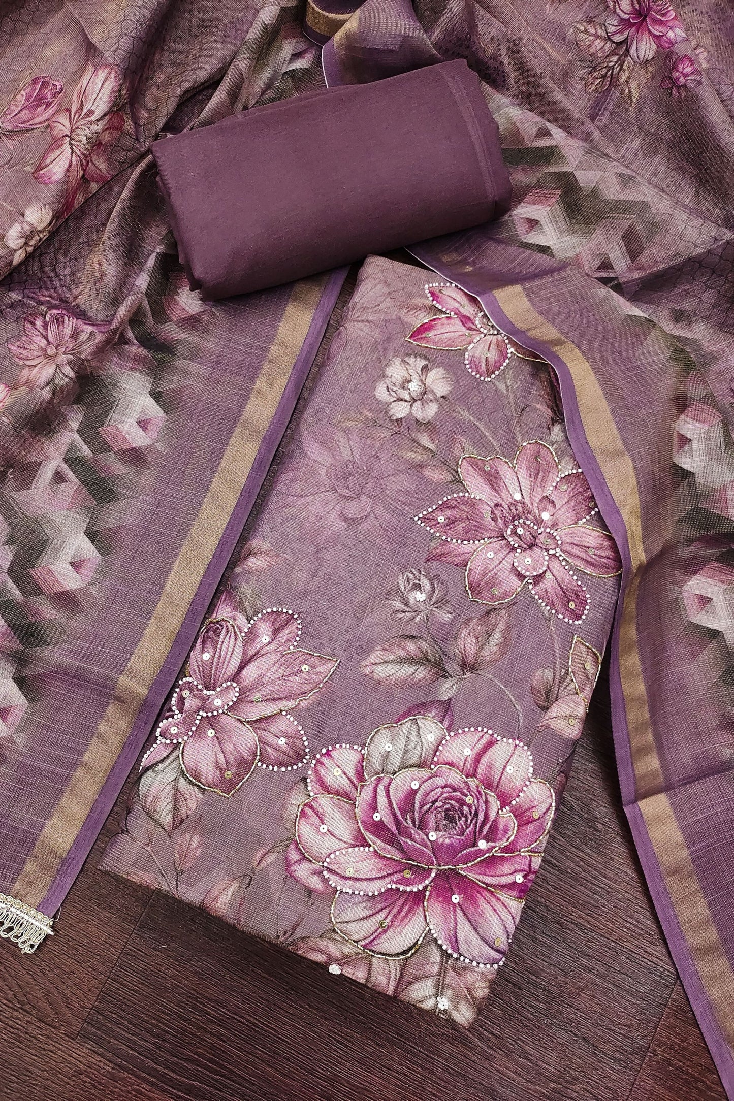 Lovely Mauve Simmer Linen Cotton Printed Hand Work Dupatta for Women