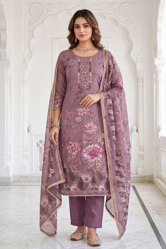 Lovely Mauve Simmer Linen Cotton Printed Hand Work Dupatta for Women