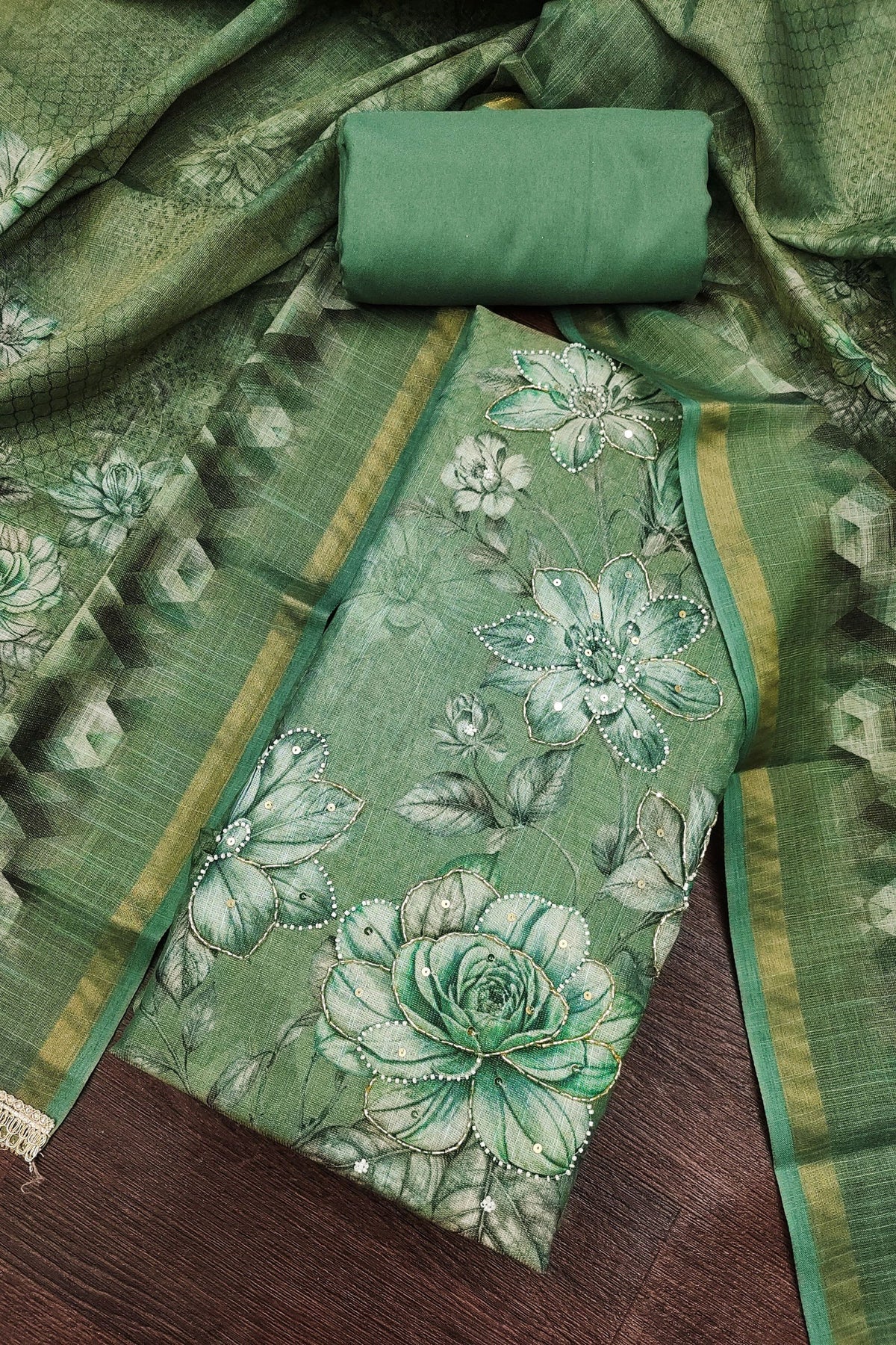 Elegant Sea Green Simmer Linen Cotton Printed Hand Work Dupatta for Women