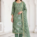 Elegant Sea Green Simmer Linen Cotton Printed Hand Work Dupatta for Women