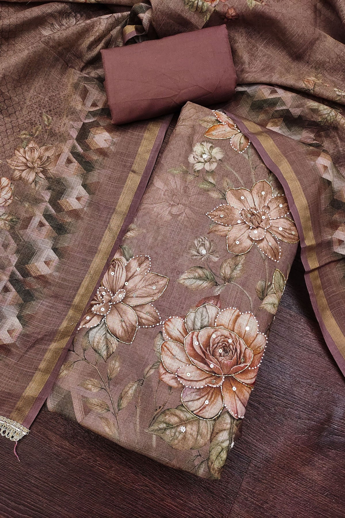 Stylish Brown Simmer Linen Cotton Hand Work Dupatta for Women