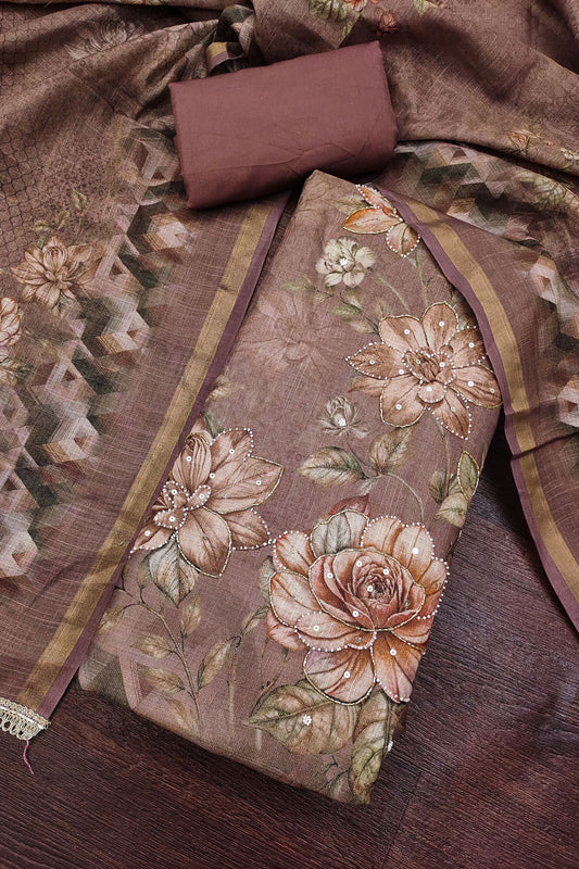 Stylish Brown Simmer Linen Cotton Hand Work Dupatta for Women