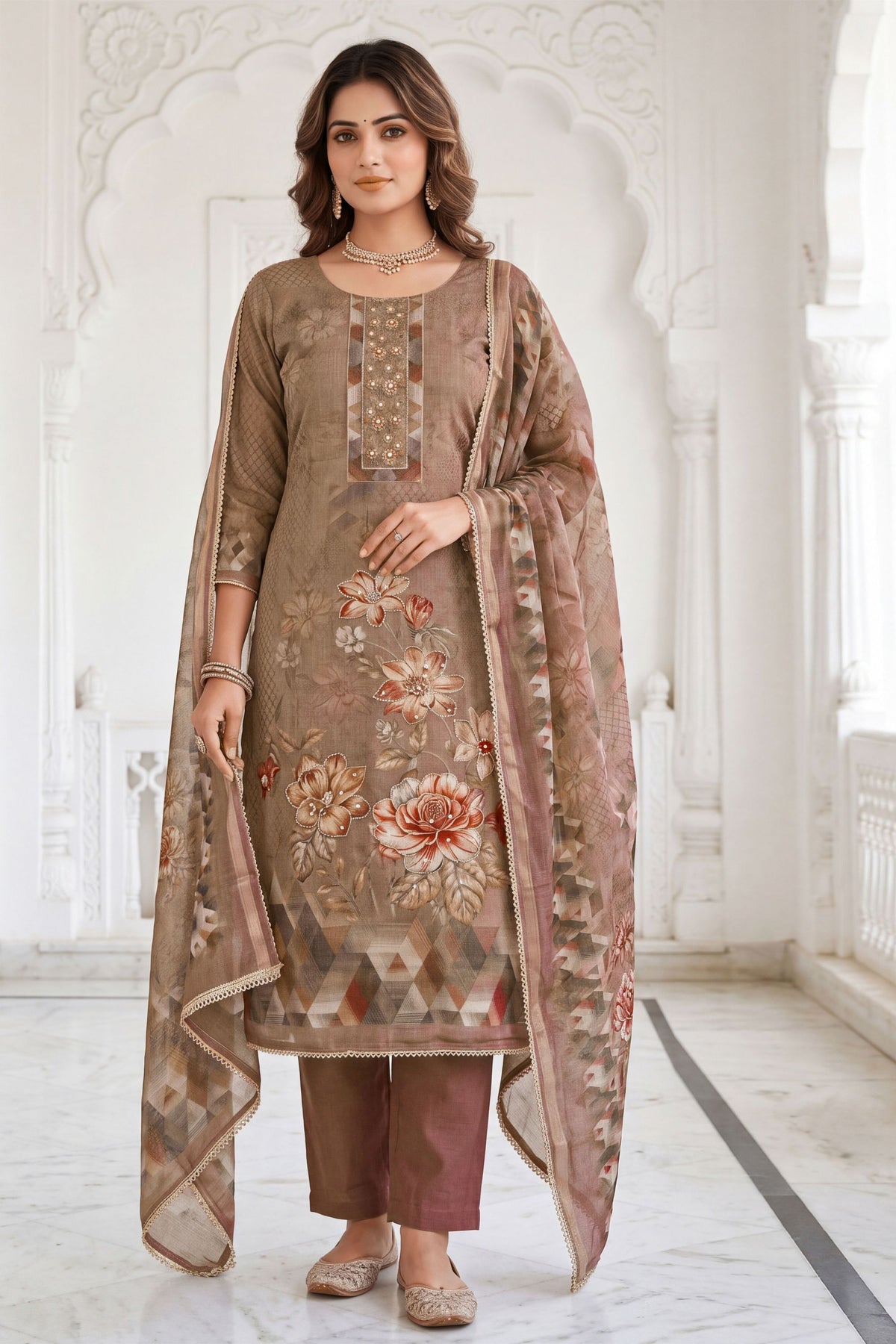 Stylish Brown Simmer Linen Cotton Hand Work Dupatta for Women