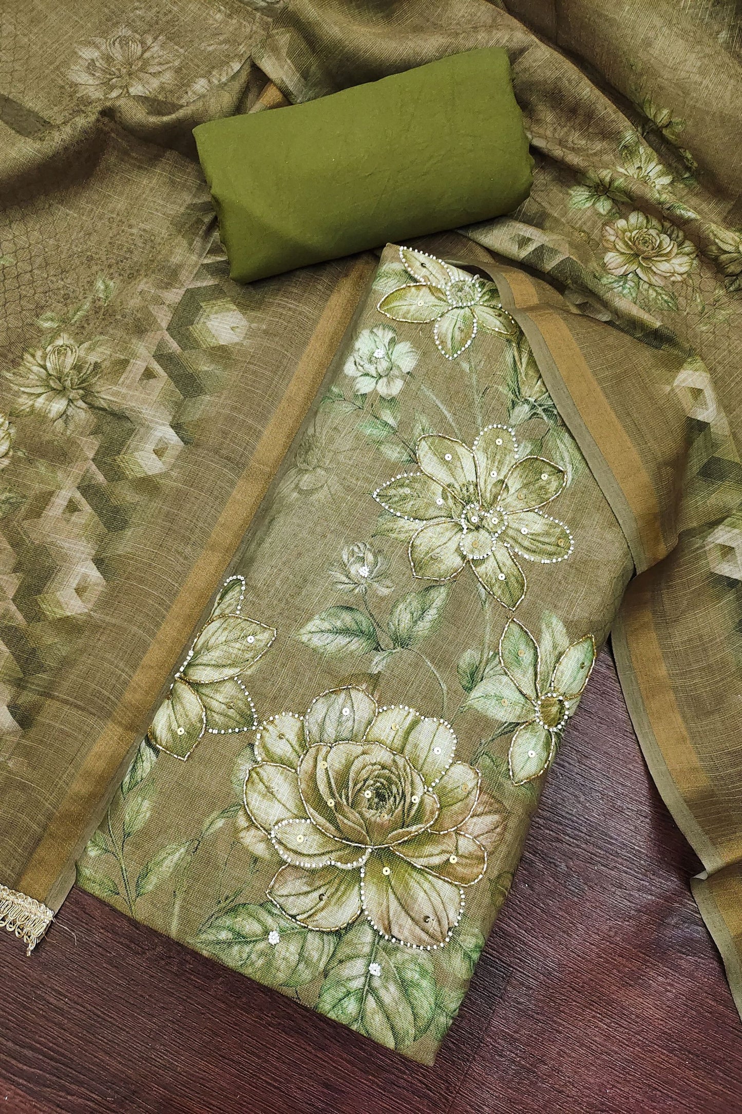 Graceful Olive Green Simmer Linen Cotton Hand Work Dupatta for Women