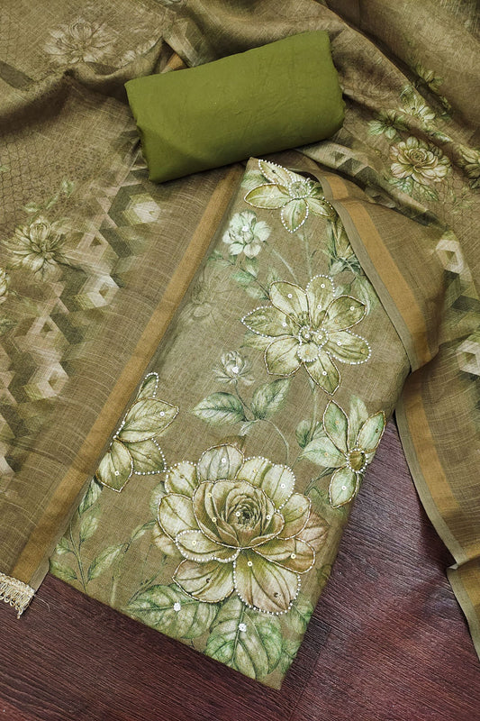 Graceful Olive Green Simmer Linen Cotton Hand Work Dupatta for Women