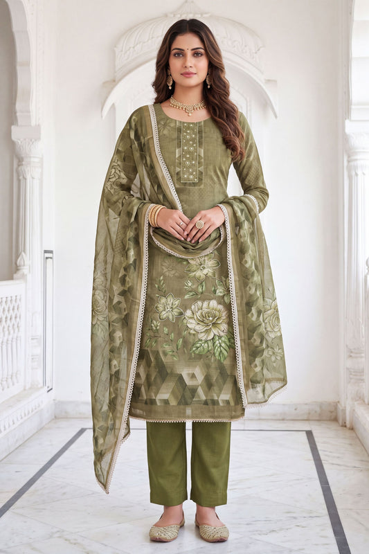 Graceful Olive Green Simmer Linen Cotton Hand Work Dupatta for Women