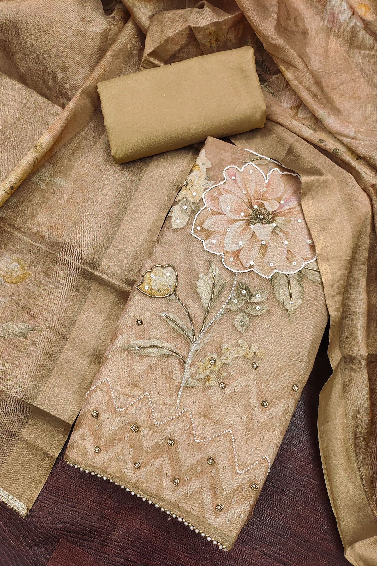 Premium Beige Simmer Linen Cotton Hand Work Dupatta for Women