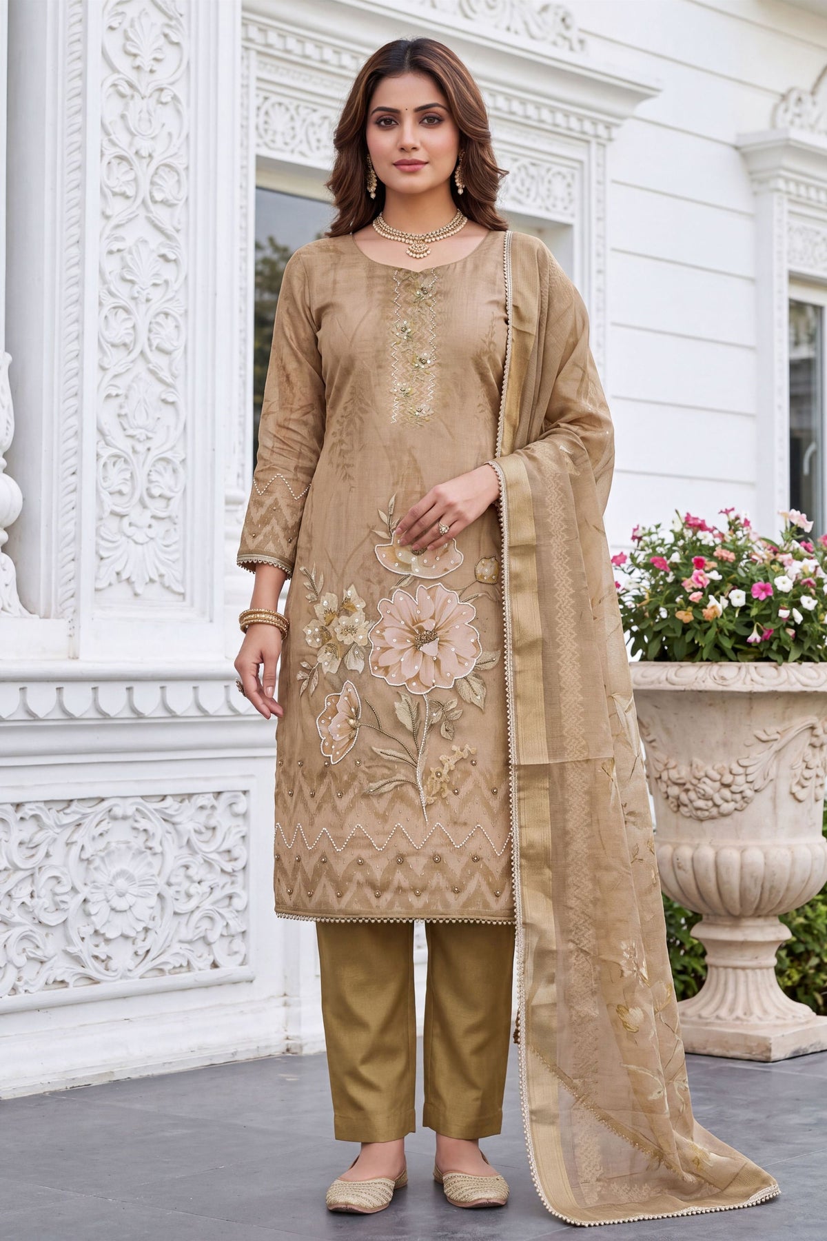 Premium Beige Simmer Linen Cotton Hand Work Dupatta for Women